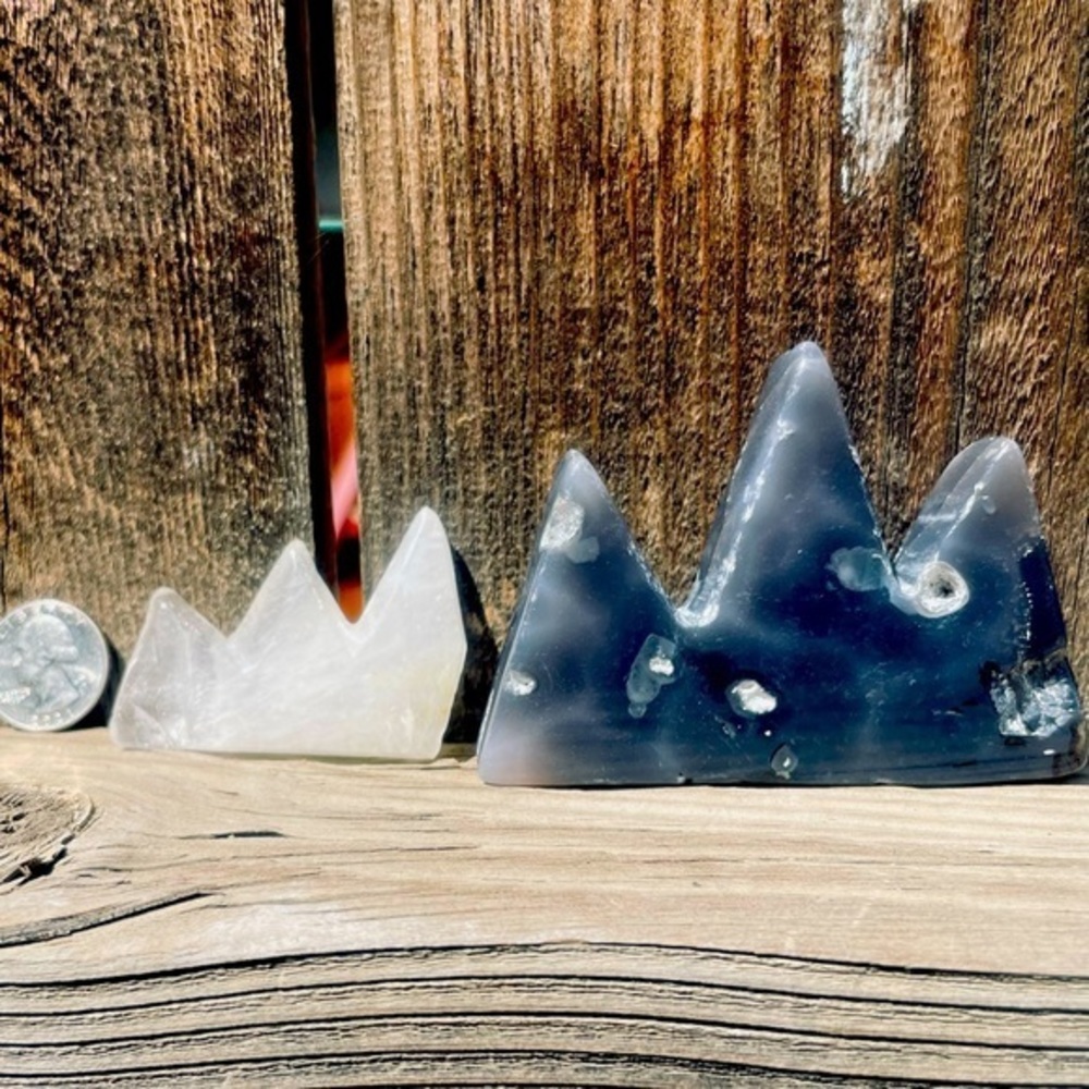 Blue Chalcedony & Clear Quartz Moutain Carvings (set Of 2) #35